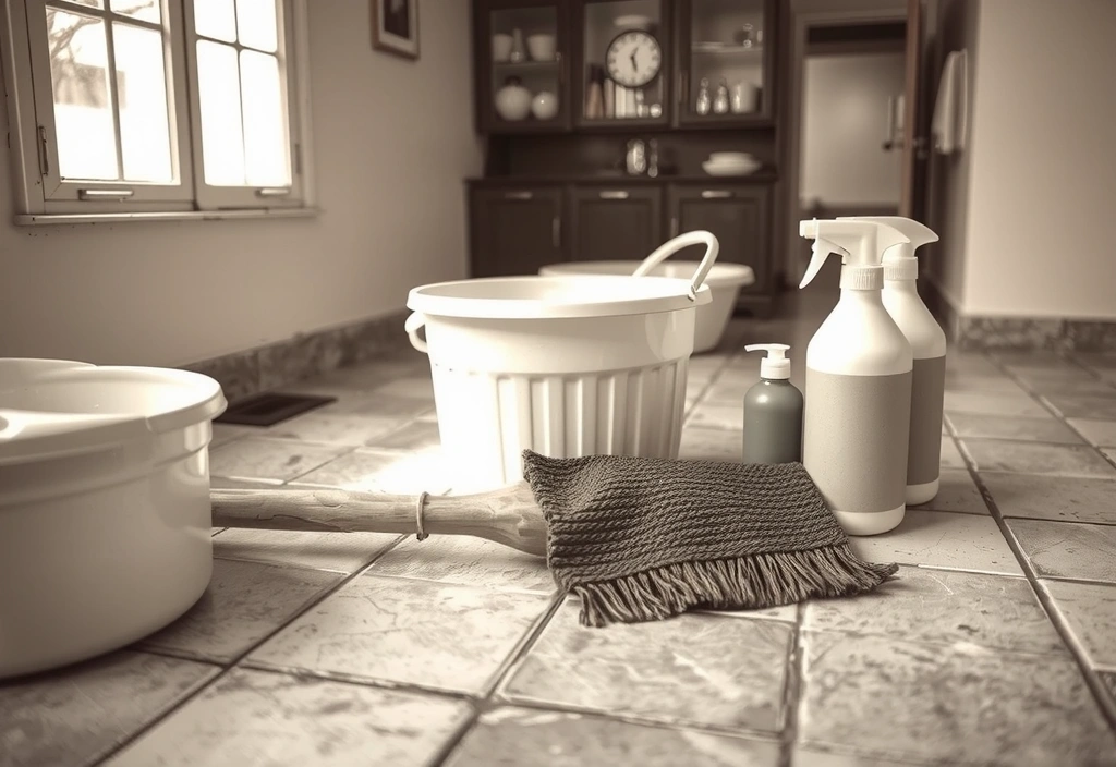 Kit de limpieza básico inicial sobre piso de cerámica, estilo editorial vintage.