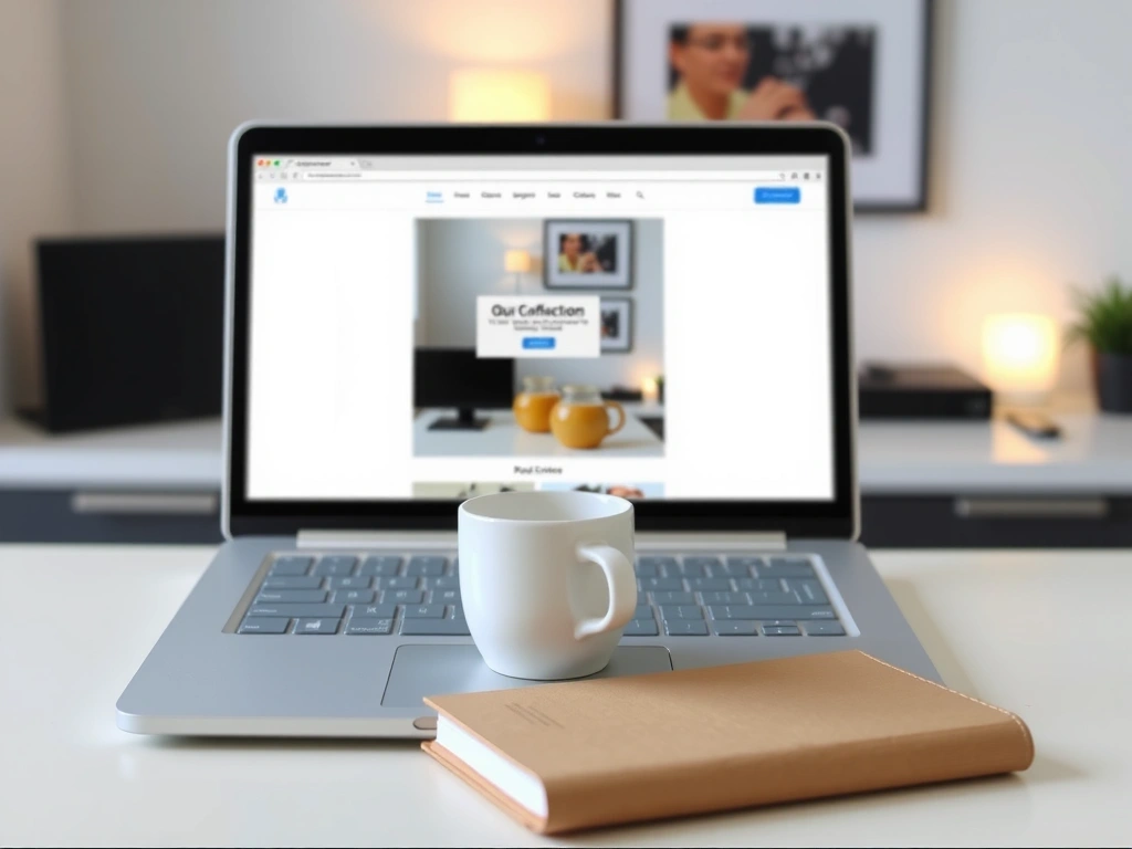 Un escritorio limpio y minimalista con una laptop que muestra una interfaz web profesional.